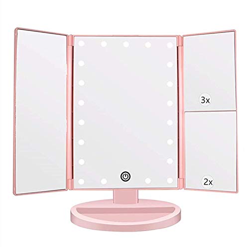 Espejo Maquillaje con Luz,HOMI Profesional Espejo Cosmético 1X, 2X,3X Iluminacíon 21 Led Pantalla táctil Lámparas,Plegable Lámpara LED 180° Rotación Coméstico con Mostrador,Mejor Regalo (Rosa)