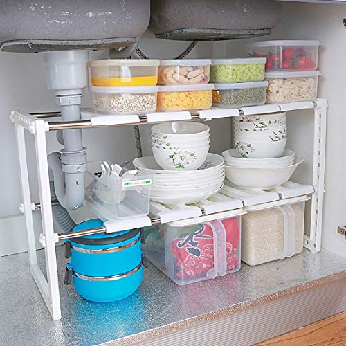 Estante organizador ajustable extensible multiusos para cocina, baño, debajo del lavabo, color blanco