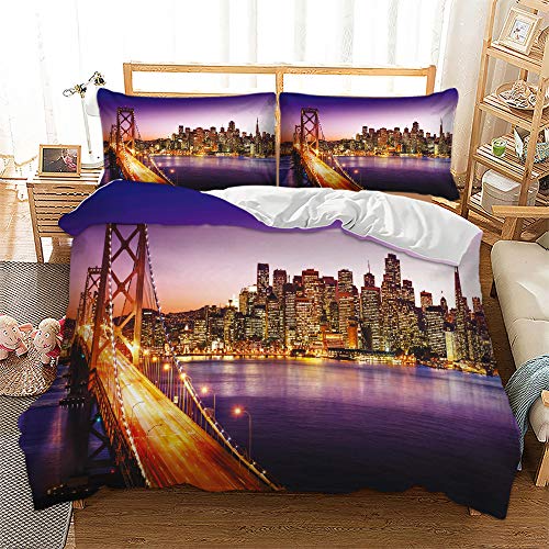 EU-VV Funda Nórdica Juego De Cama Suave Transpirable Poliéster-Algodón Ciudad Famosa 1 Funda Nórdica + 2 Fundas De Almohada 48X74cm (San Francisco,(180x220 cm)-Cama de 105/135)