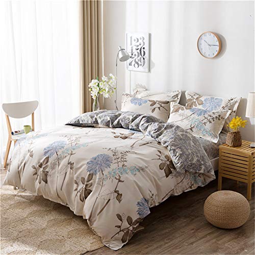 Fansu Juego de Ropa de Cama 4 Piezas, Microfibra Funda de Edredón Sábana Funda de Almohada Cremallera Diseño Funda de Almohada Conjunto De Edredón Hoja Plana (220x240cm,Flor Beige)