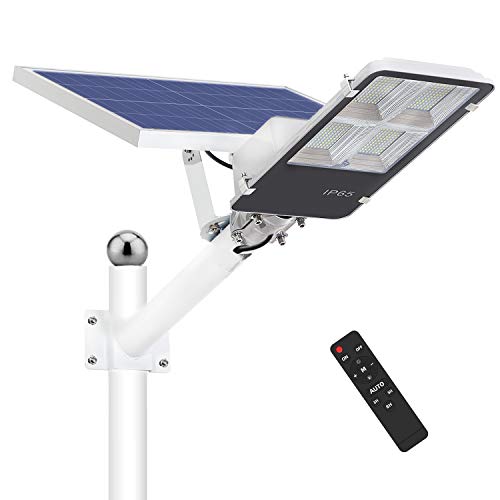Farola Solar LED 300W para Exteriores, IP65 Impermeable Lámpara de Seguridad con Control Remoto, 2500lm Iluminación Exterior, 6500K Blanca Fría