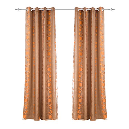 Frenessa 2X Visillos Cortinas Doble (Gasa + Forro Cosido) con Ollados Mates, Bordado Jacquard Decorativo para Ventanas de Salón Habitación Dormitorio de Hogar, 140x260cm, Café + Naranja