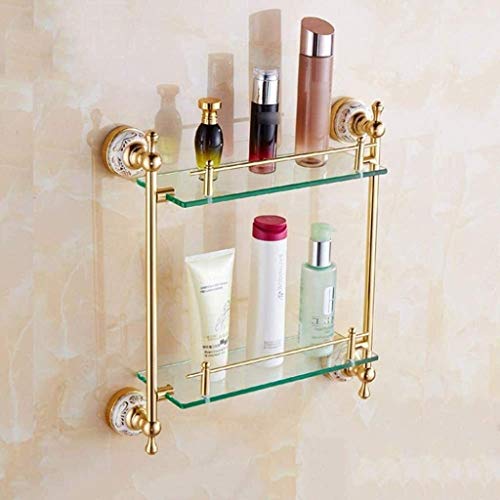 GDFEH Estante de Ducha Montado en la Pared Cuarto de baño Estante de Vidrio Antiguo Champagne Dorado Tocador Estante de baño Doble Montado en la Pared Marco de Cristal, 41x14x42cm