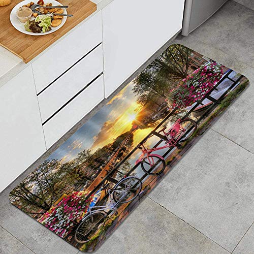 GEEVOSUN Atardecer Pequeña Ciudad Puente Río Flor Bicicletas Paisaje Urbano Romántico Alfombrillas de Cocina Antideslizantes Felpudo Lavable Juego de Alfombras de Microfibra