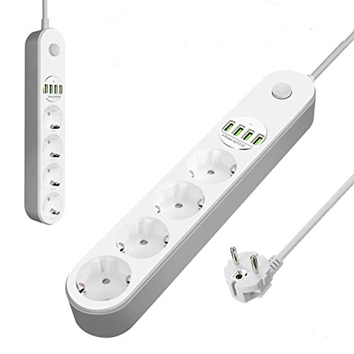 Glisteny Regleta Enchufes, Enchufe Multiple con Interruptor, 4 usb Carga Rapida, 4 Enchufes, 2m Cable , 1800W/5V, Adecuado para Material de Oficina, Familias y Viajes