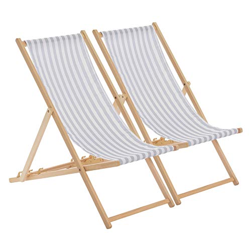 Harbour Housewares Tumbona reclinable y Plegable - Ideal para Playa - Estilo Tradicional - Madera - Rayas Gris Claro - Pack de 2