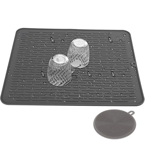 hicoosee Escurreplatos de Silicona Gris 45x40CM con Cepillo de Limpieza Alfombrilla Antideslizante Resistente al Calor para Vajilla, Verduras, Frutas