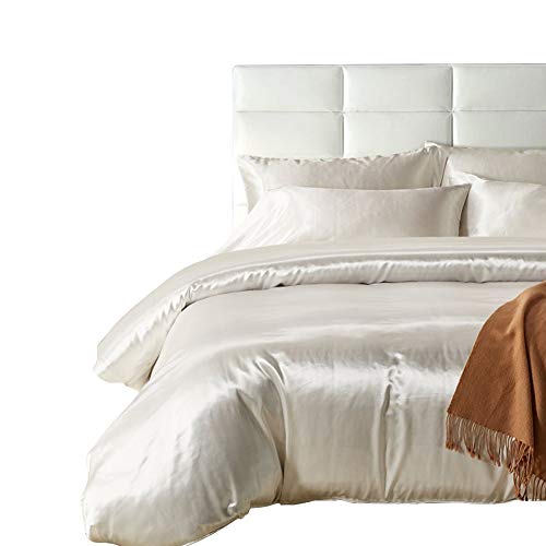 HOTNIU Funda nordica saten - Juego de funda de edredón de seda satinado - Funda nordica 220*230 cm con 2 Fundas de Almohada 50*75cm - Juego de ropa de cama de satén de cremallera microfibra, Blanco