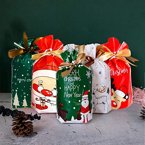 HUDDU 50 Piezas Bolsas Navideñas con Cordón Bolsas para Dulces Navideñas Bolsas para Envolver Regalos para la Fiesta de Navidad
