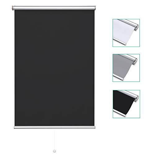 iKINLO Estor enrollable de 90 x 180 cm, color negro, enrollable, con fijación lateral, 100% sombra, protección solar, estor térmico