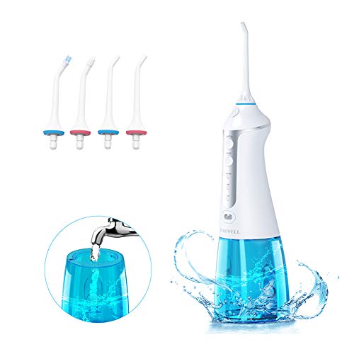 Irrigador Dental Profesional, 300ml Irrigador Bucal Portátil USB Recargable Impermeable IPX7 y 3 Modos con 4 Boquillas Multifuncionales para Familia y Viajar