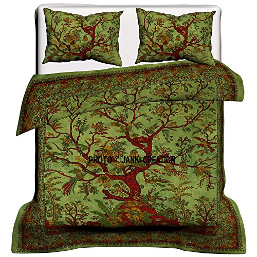 Janki Creation Edredón de algodón con diseño de árbol de la Vida Indio de Bohemia, Colcha Hippie, edredón Hecho a Mano con Funda de Almohada (Verde), 80x82