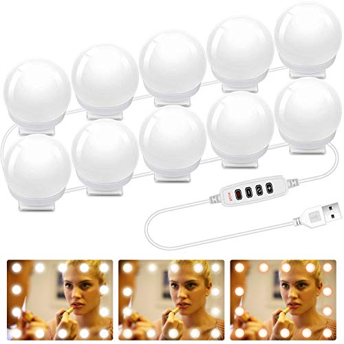 JOLIGAEA Hollywood Luces LED Kit de Espejo con 10 Bombillas regulables, 3 Modos De Color y 10 De Brillo, Para Diy Maquillaje Espejos Vestidor Baño Luz, Diseño de Cable USB (Sin Espejo y Cargador Usb)