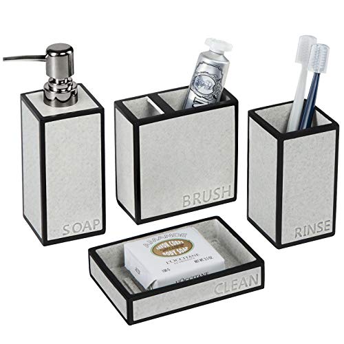 Juego de 4 Accesorios de Lavabo y BañoDiseño Moderno Rectangular con Dispensador de Loción o Liquido Bote Dosificador Jabon Cepillo de Dientes Jabonera Vasos Porta Negro + Gris