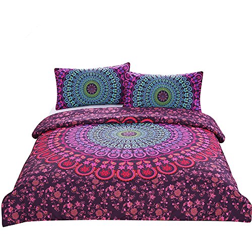 Juego de Cama de Funda de Edredón y Funda de Almohada (240 x 220 cm - Cama 150),Bohemio Exótico Mandalas Estampadas (Violeta Verde)