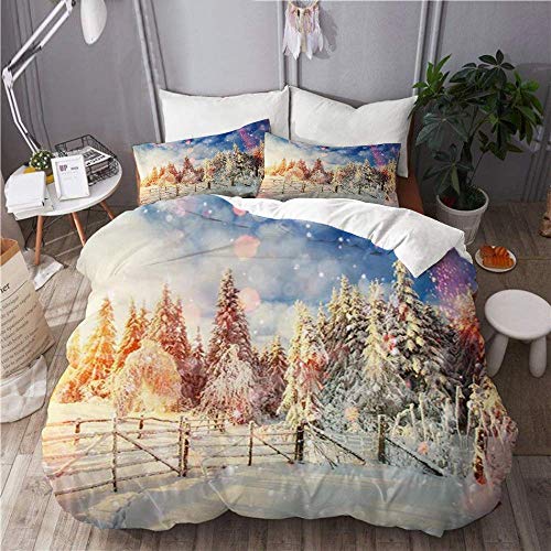 Juego de funda nórdica para ropa de cama, juego de 3 fundas de edredón con 2 fundas de almohada, cerca de madera navideña de granja de invierno en copos de nieve escarcha, edredón de microfibra ultra