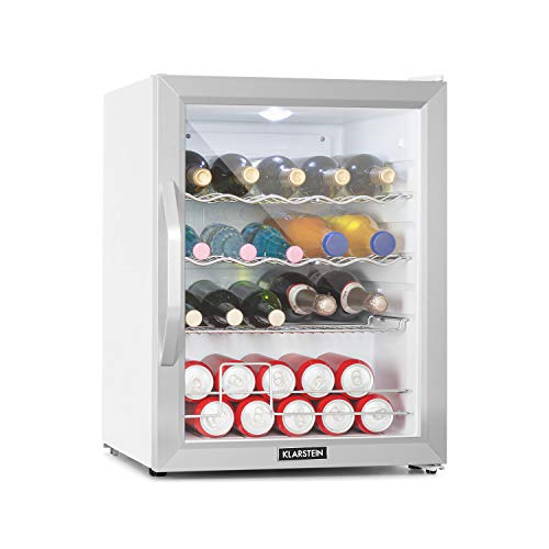 Klarstein Beersafe Crystal White - Mininevera, Minibar, Nivel acústico 42 dB, Iluminación LED, 2 Rejillas de metal, Acero inoxidable, Puerta acristalada, Altura regulable, Volumen 60 L, Blanco