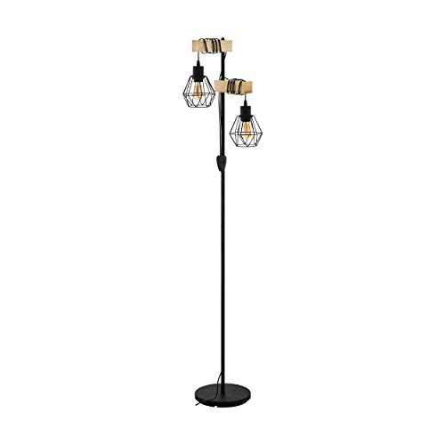Lámpara de pie EGLO TOWNSHEND 5, lámpara de pie vintage con 2 bombillas de estilo industrial, lámpara de pie de acero y madera, color: negro, marrón, casquillo: E27, incl. interruptor