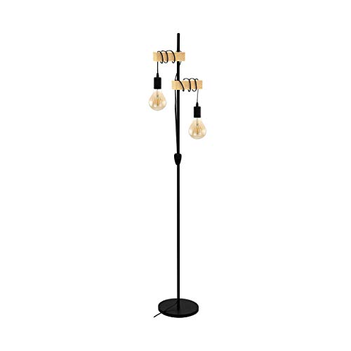 Lámpara de pie EGLO TOWNSHEND, lámpara de pie vintage con 2 bombillas de estilo industrial, lámpara de pie de acero y madera, color: negro, marrón, casquillo: E27, incl. interruptor