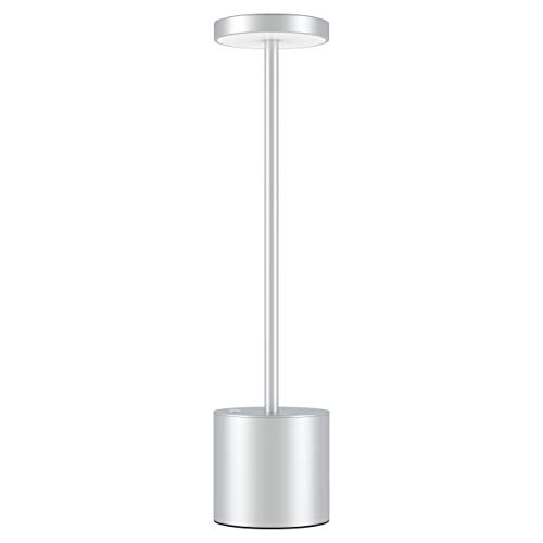 Lámpara LED de mesa inalámbrica, con 2 modos de iluminación, luz de lectura regulable, lámpara de mesa de carga USB de metal creativo, para restaurante, terraza, Dormitorio (plata)