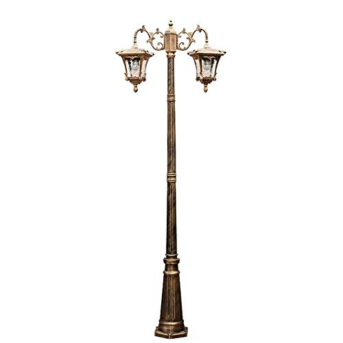 Lámpara poste luz para jardín al aire libre, 2 cabezales Luz patio retro europea Clásica Villa Césped Lámpara poste paisaje IP55 Farola impermeable Luces camino Victoria Linterna columna vidrio alum