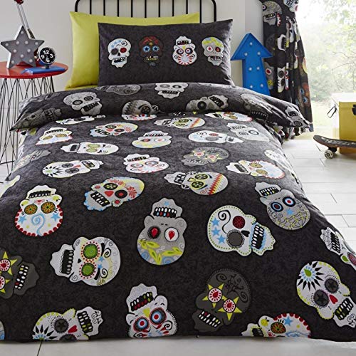 Las Calaveras de azúcar Directo Homespace Muchachos Reversible edredón y almohadón 1, Negro, Solo