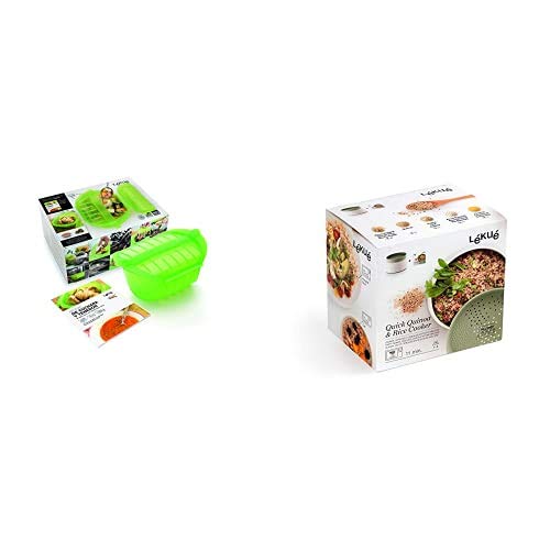 Lékué Kit Libro + Estuche de Vapor, Verde, 3-4 Personas + Recipiente para cocinar Quinoa, Arroces y Cereales, 1 Litro