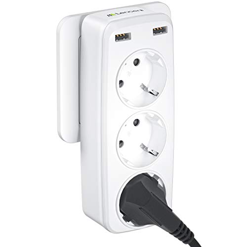 LENCENT Cargador USB de Pared[4000W], Ladron Enchufes Schuko con 3 Toma de CA (Schuko Europeo de 2 Pines) + 2 Puertos USB, Enchufe Multiple Adaptador Enchufe con USB España