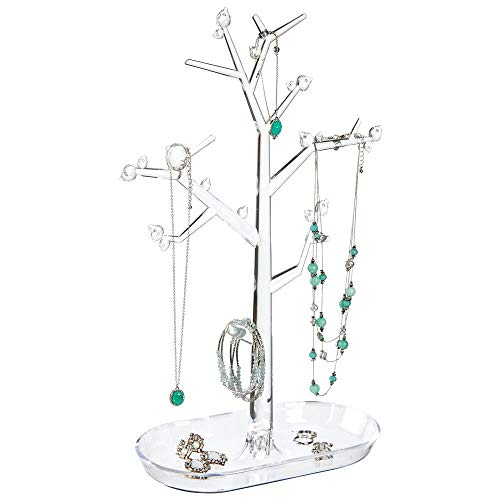 mDesign Árbol Organizador de Joyas para Colgar Collares, Pendientes, Anillos y más – Joyeros Originales con Ganchos y Estante – Colgador de Collares de pie en plástico – Transparente