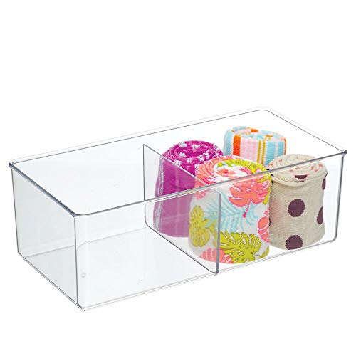 mDesign Caja organizadora con 2 compartimentos – Práctico organizador de plástico sin BPA para los armarios del dormitorio – Fantástica caja para ropa y accesorios – transparente