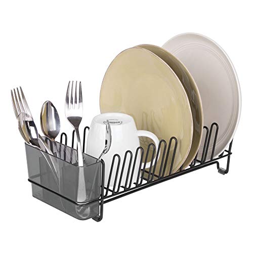 mDesign – Escurridor de platos de acero inoxidable – Escurreplatos de plástico con cubertero – Elegante escurrecubiertos para vajilla – Hasta 15 platos + cubiertos