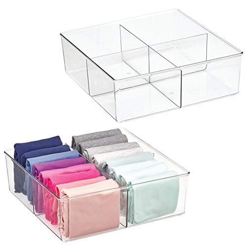 mDesign Juego de 2 cajas organizadoras con 4 compartimentos – Práctico organizador de plástico sin BPA para los armarios del dormitorio – Fantástica caja para ropa y accesorios – transparente