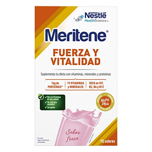 Meritene® FUERZA Y VITALIDAD - Suplementa tu nutrición y mantén tu sistema inmune con vitaminas, minerales y proteínas - Batido de Fresa - Estuche (15 sobres de 30g)