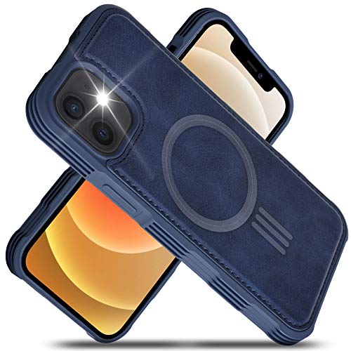 Migeec Funda de Piel sintética Compatible con iPhone 12 y iPhone 12 Pro de 6.1 Pulgadas, Carga magnética, Reforzada a Prueba de Golpes, Delgada híbrida, Color Azul