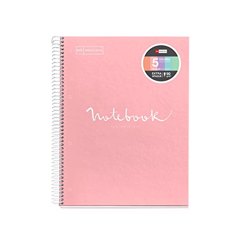 Miquel Rius - Cuaderno Espiral Microperforado, Cubierta Cartón Extraduro, Tamaño A5 148 x 210 mm, 2 taladros, 120 Hojas de 90 g/m² y 5 Franjas de Color, Cuadrícula de 5 x 5 mm, Color Rosa, 46093