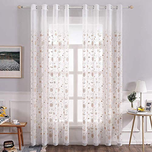 MIULEE 2 Unidades Cortinas Bordado Translucida de Dormitorio Moderno Ventana Visillos Rayas Salon Paneles con Ojales Plateados para Sala Cuarto Comedor Salon Cocina Habitación 140x245cm Flor Marrón