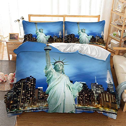 MIUNNG Moderno Paisaje de la Ciudad Ropa de Cama Torre Eiffel Estatua de la Libertad Hermoso Ciudad Escena Nocturna Funda Nórdica Adulto Estudiante (Nueva York, 180 × 220cm- Cama 105cm)