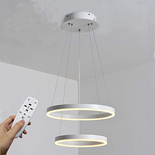 Moderna lámpara de techo LED, 2 anillos, colección de pintura blanca, aplique colgante con luz ajustable, lámpara de techo moderna, regulable 2700 K – 6500 K, con mando a distancia, 46 W