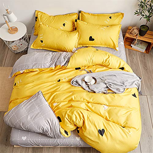 Morbuy Juego de Ropa de Cama de 4 Piezas Microfibra Juego de Fundas de Edredón con 1 Funda Nórdica y 1 Sábana encimera 2 Funda de Almohada (Cama 135/140-180x220cm/1.8M,Corazon Amarillo)