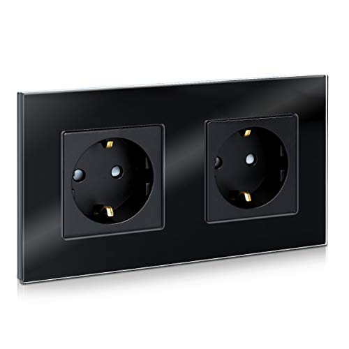 Navaris Enchufe con marco de cristal - Enchufe Schuko tipo F doble para empotrar - Placa de vidrio empotrable en pared con diseño elegante - Negro