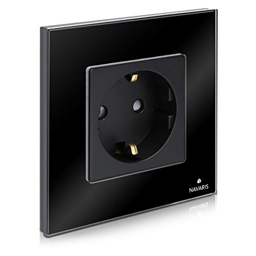 Navaris Enchufe con marco de cristal - Enchufe Schuko tipo F para empotrar - Placa de vidrio empotrable en pared con diseño elegante - Negro