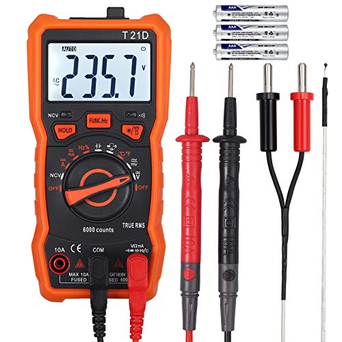 Neoteck Multímetro Digital 6000 Cuentas T21D Auto Rango AC/DC con NCV True RMS Temperatura Capacidad Resistencia Diodo Frecuencia Ciclo de Trabajo para Escuela Laboratorio Fábrica con Función de Imán