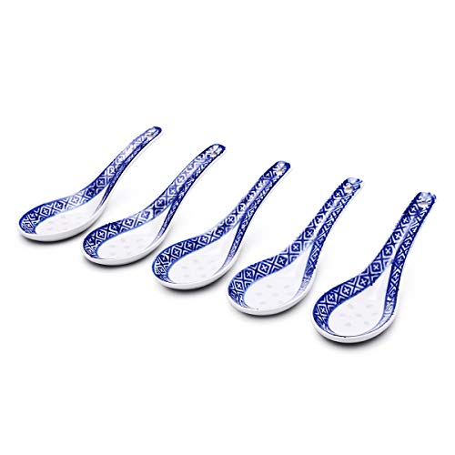 NYKK Cucharones para Sopa 5 cucharas de cerámica China de arroz de niños Cuchara Porcelana Azul y Blanca Vajilla Cuchara Tradicional Esmalte de Color del hogar Cuchara Cucharones para Servir