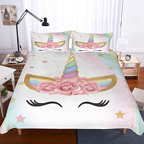 NYLIN Funda Nórdica Flores Unicornio para Niñas Infantiles Colcha Estampada Unicorn Juego De Ropa De Cama 2-4 PCS Fundas De Edredón Nórdico/Fundas De Almohada/Sábanas para Cama 90/135/150/180