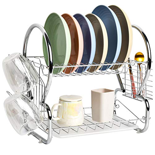 OFNMY Escurridor de platos de 2 niveles, soporte para tazas, palillos, soporte para cubiertos | escurreplatos multifunción con bandeja de goteo – 38 x 38 x 25 cm, color plateado