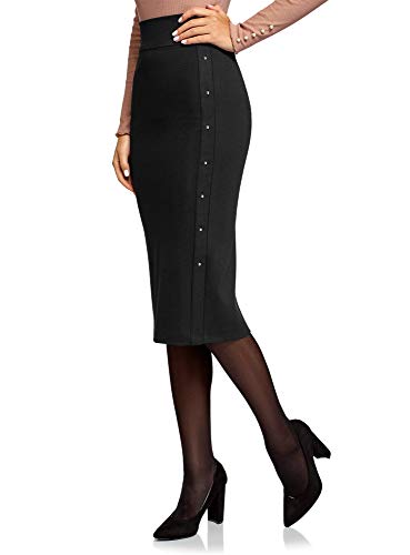 oodji Ultra Mujer Falda de Punto con Remaches Decorativos, Negro, ES 38 / S