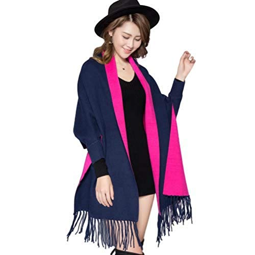 Otoño Invierno Causal Suelta Borla de Punto de Cachemira Batwing Manga de Mujer Largo Grueso Poncho Capes dúplex Chal cárdigan de Punto Abrigo Talla Plus Mujeres Ropa Tops Navy Blue Rose M