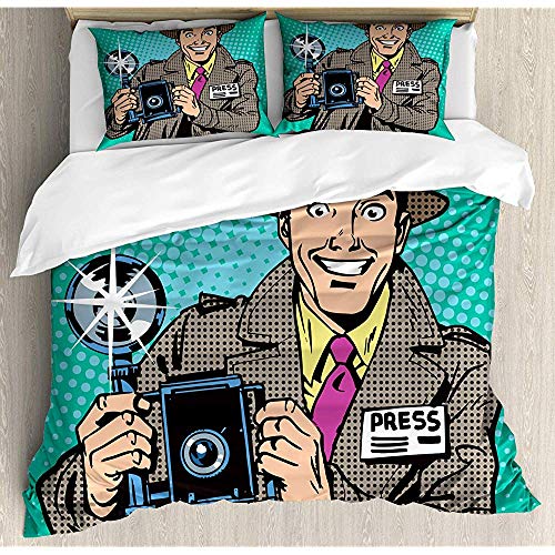 Paparazzi Funnygrapher con Press Media Camera Reporter Smiling, Juego de Cama de 3 Piezas 2 Fundas de Almohada, Sea Green y Warm Taupe