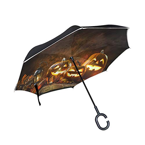 Paraguas invertido de doble capa resistente al viento al aire libre lluvia sol coche paraguas inverso con mango en forma de C – tres faroles de calabaza