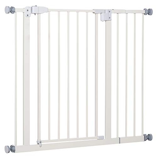 Pawhut Barrera de Seguridad Metálica para Puertas y Escaleras Mascotas Perros con Extensiones de 17,5 cm Sistema de Cierre Automático 74,5-84,5x76,2 cm Blanco